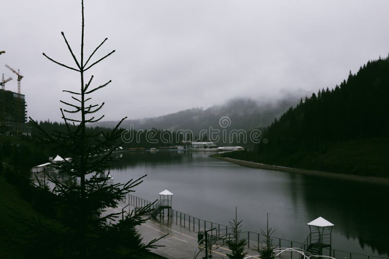 宁静的山湖映衬着周围的景观，在阴云的天空下，有松树和结构 图库摄影