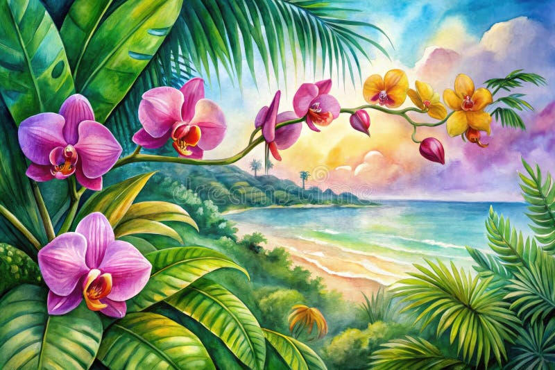 宁静的手绘画中，郁郁葱葱的夏威夷水彩风景兰花和热带叶子绽放，让人想起 库存例证