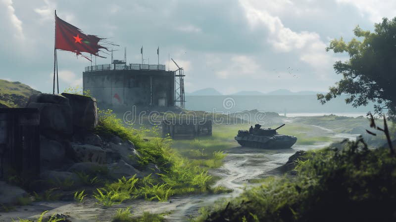 A serene landscape featuring a military base with a tank on a muddy path, flanked by a tattered flag illustration by generative ai. A serene landscape featuring a military base with a tank on a muddy path, flanked by a tattered flag illustration by generative ai