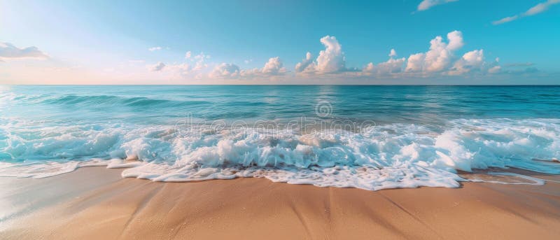 宁静的海浪在湛蓝的天空下滚滚到沙滩上，云朵蓬松，营造出宁静的海滨景色 皇族释放例证
