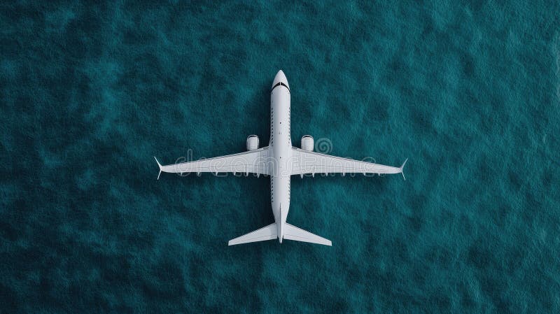 宁静蓝色海水突显背景上的一架白色飞机的航空视图 皇族释放例证