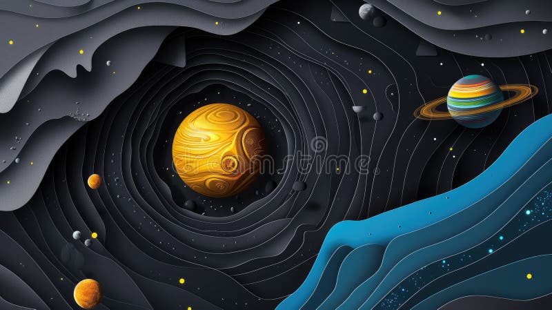宇宙艺术3d剪纸样式的黑色背景中太阳系行星海报，展示我们的美丽 库存照片