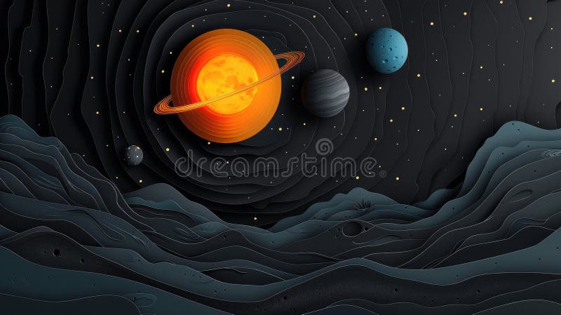 宇宙艺术3d剪纸样式的黑色背景中太阳系行星海报，展示我们的美丽 库存照片