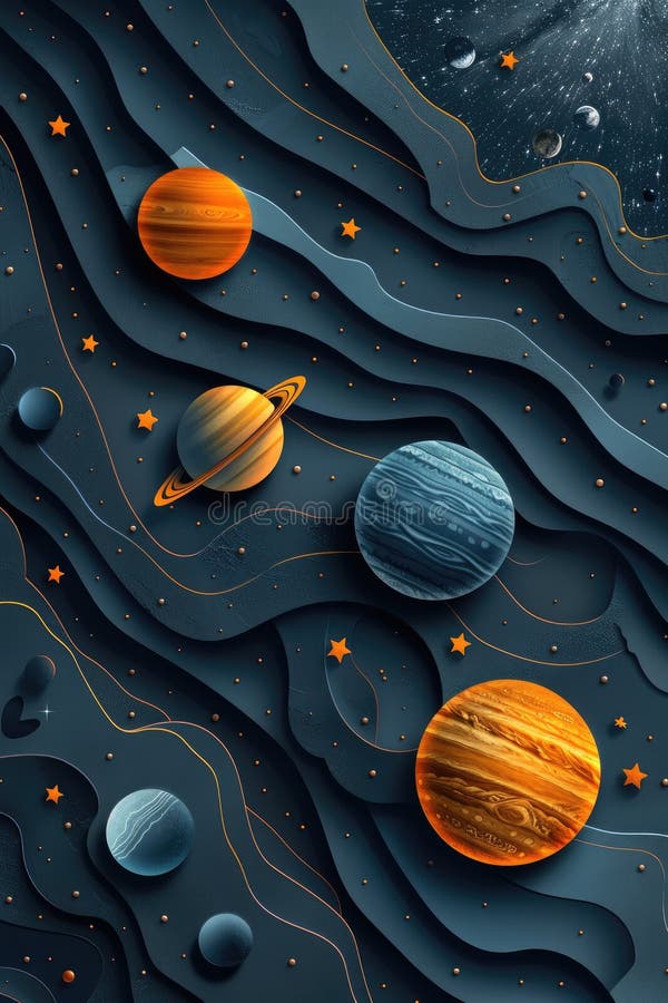 宇宙艺术3d剪纸样式的黑色背景中太阳系行星海报，展示我们的美丽 库存图片
