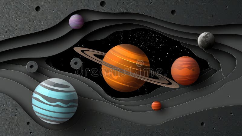 宇宙艺术3d剪纸样式的黑色背景中太阳系行星海报，展示我们的美丽 库存图片