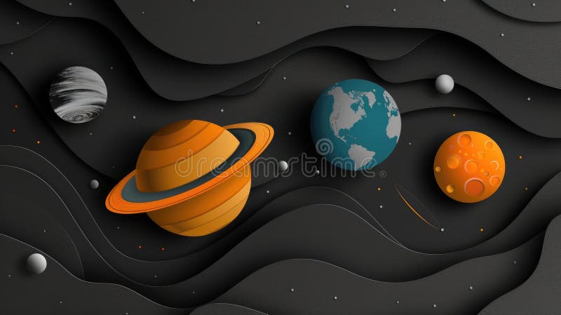 宇宙艺术3d剪纸样式的黑色背景中太阳系行星海报，展示我们的美丽 免版税库存图片