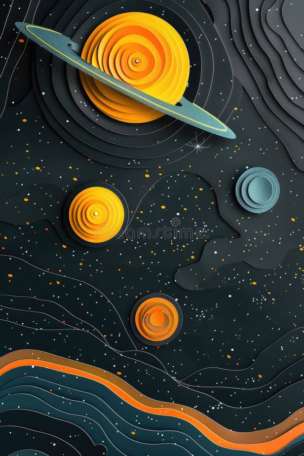 宇宙艺术3d剪纸样式的黑色背景中太阳系行星海报，展示我们的美丽 图库摄影