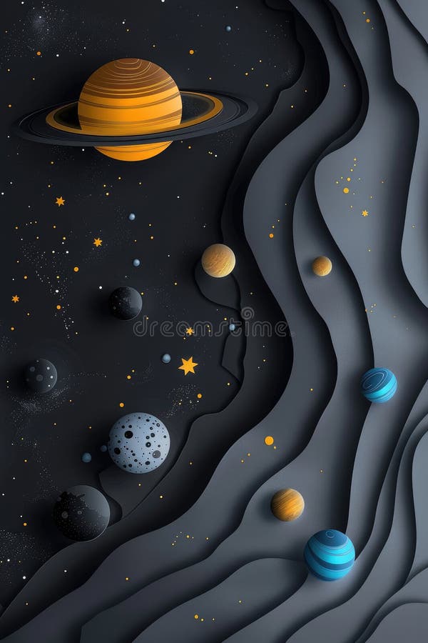 宇宙艺术3d剪纸样式的黑色背景中太阳系行星海报，展示我们的美丽 图库摄影