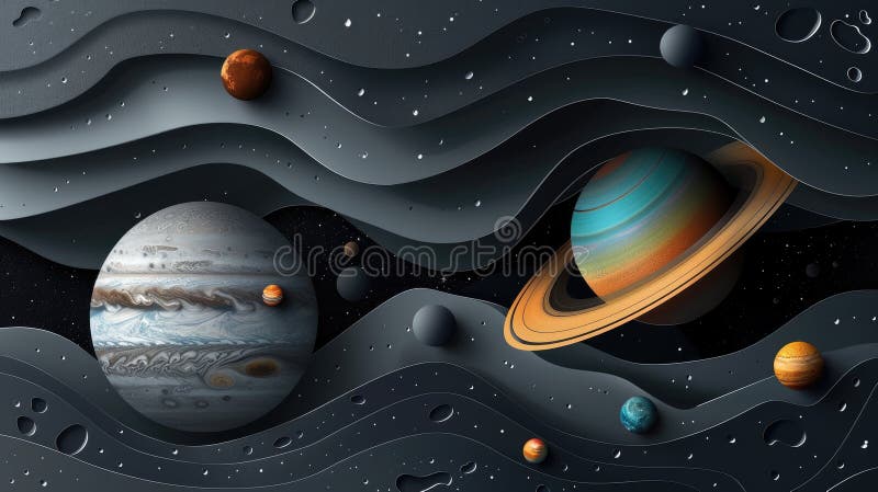 宇宙艺术3d剪纸样式的黑色背景中太阳系行星海报，展示我们的美丽 免版税库存图片