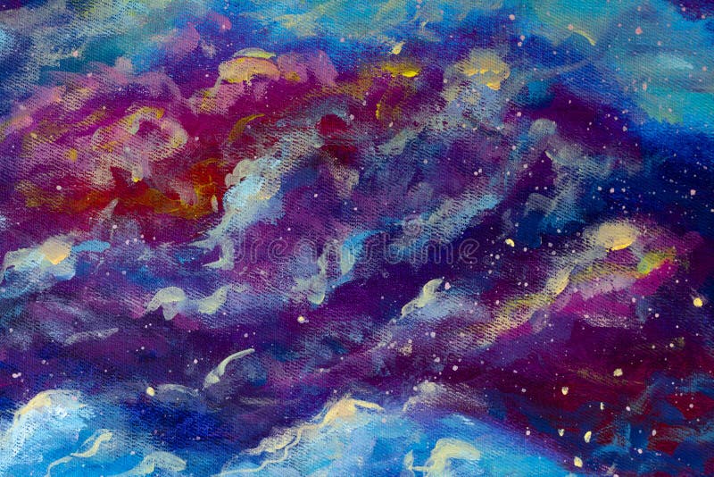 手绘丙烯酸画，描绘了充满星星和紫色云彩的蓝色宇宙夜空库存图片- 图片