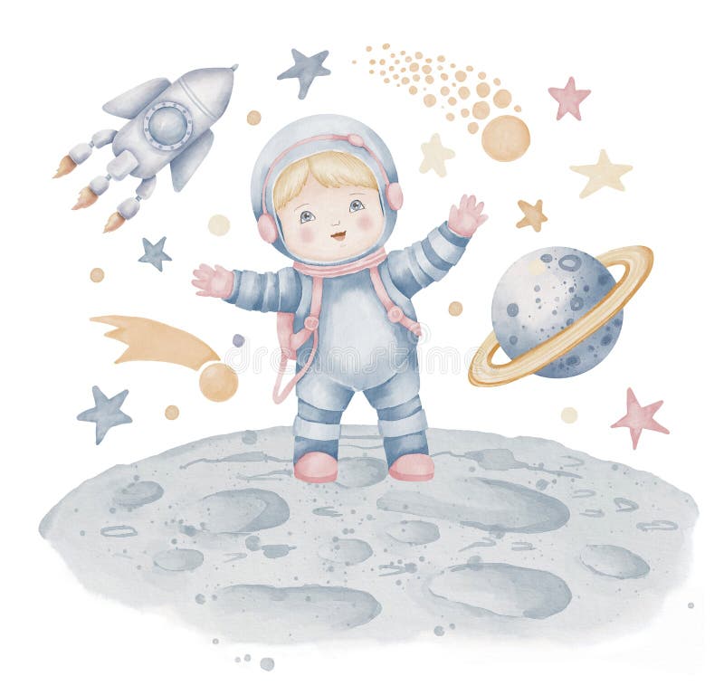 宇航员水彩插图. 在太空中手绘宇航员，在孤立的太空中，星球和星星 图库摄影