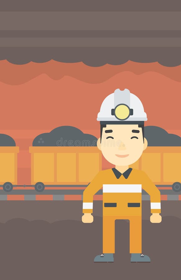 An asian confident coal miner. Male miner in hardhat with torch. Miner standing on the background of mining tunnel with cart full of coal. Vector flat design illustration. Vertical layout. An asian confident coal miner. Male miner in hardhat with torch. Miner standing on the background of mining tunnel with cart full of coal. Vector flat design illustration. Vertical layout.