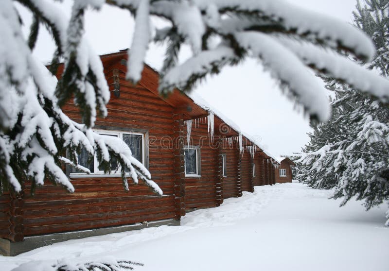 Small wooden houses are brought by a snow in a deaf wood. Small wooden houses are brought by a snow in a deaf wood