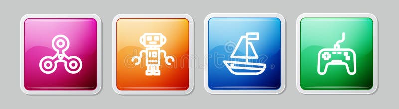 定线型旋转机器人玩具船和游戏板. 彩色方形按钮. 矢量