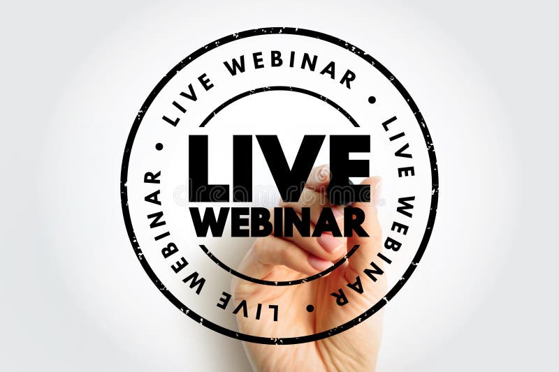 实时网络研讨会显示在一个由手持有的圆形印章中，突出了实时在线学习、虚拟会议 库存图片