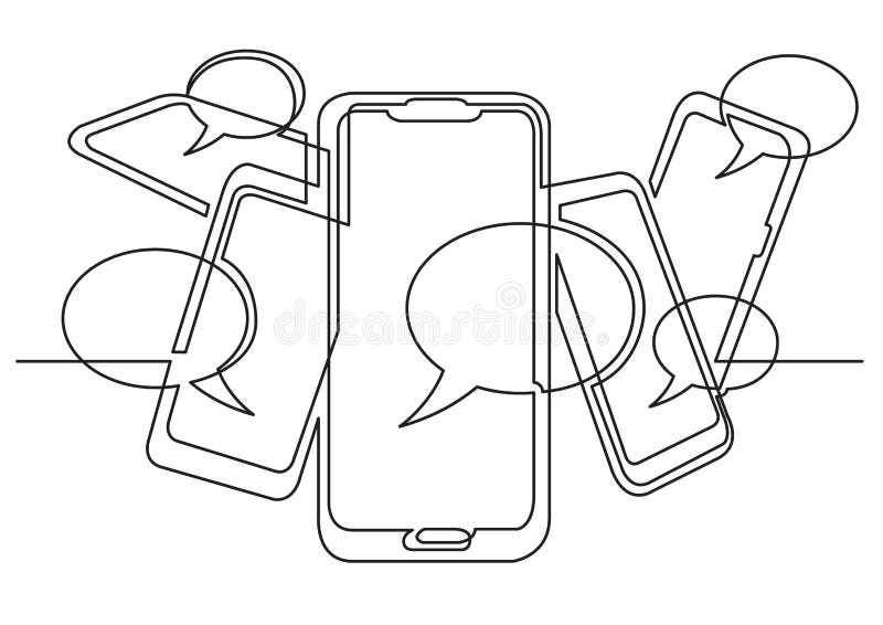 Continuous line drawing of social media on mobile phones vector linear illustration. Continuous line drawing of social media on mobile phones vector linear illustration