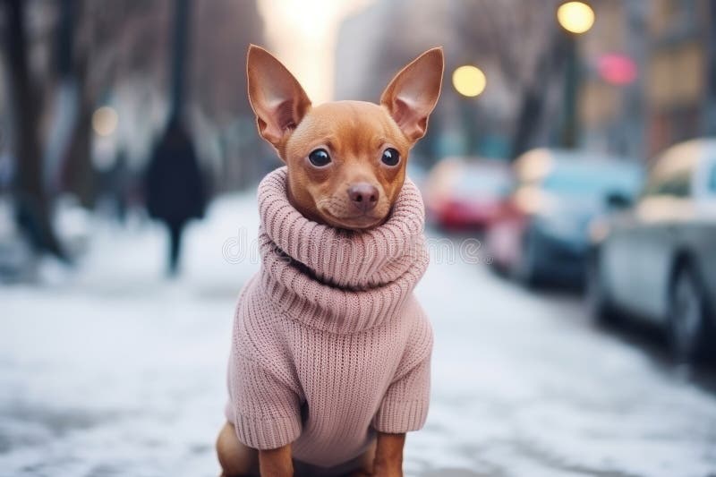 宠物户外散步服. 穿着温暖的狗. 冰冷的冬冬天，法国斗牛犬在户外行走 库存例证