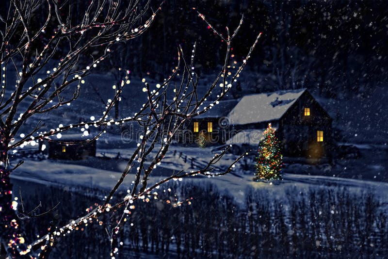 Snowy winter scene of a cabin in distance at night. Snowy winter scene of a cabin in distance at night