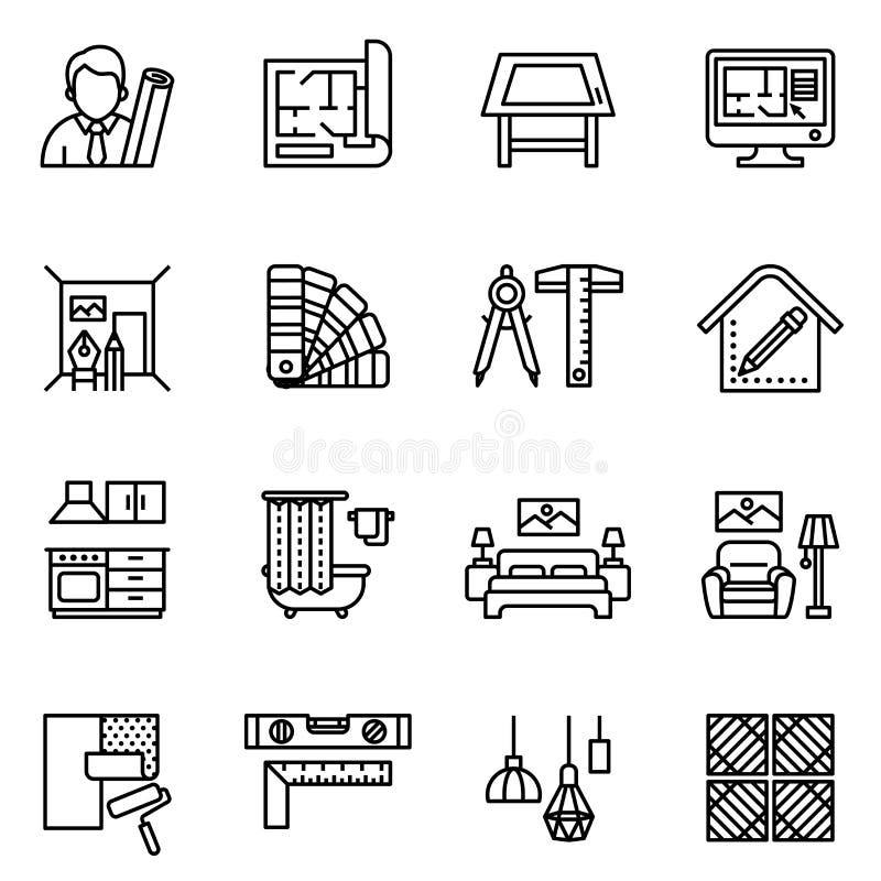 室内设计图标组。线条风格矢量图 库存例证