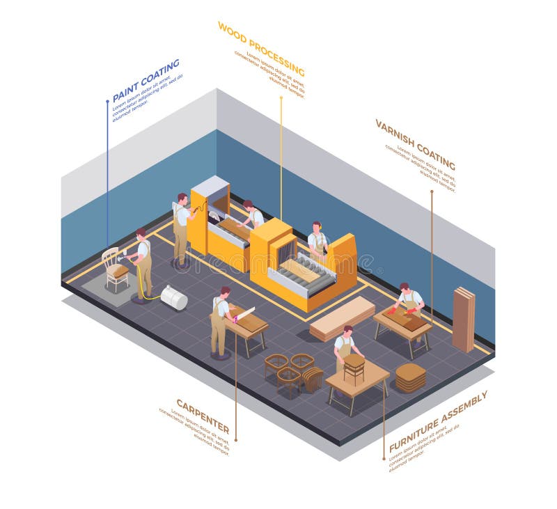 Furniture production facility interior isomeric view with carpenter craftsmen  sawing varnishing wood assembling  painting furniture vector illustration. Furniture production facility interior isomeric view with carpenter craftsmen  sawing varnishing wood assembling  painting furniture vector illustration