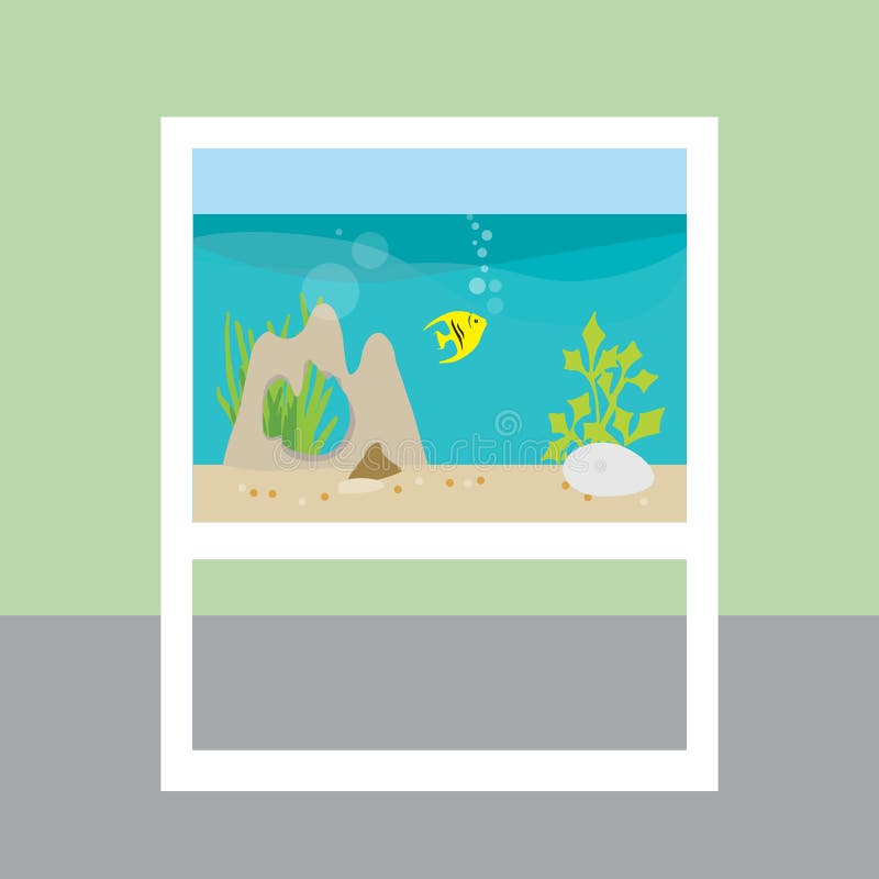 Flat design illustration of furniture with aquarium and fish with plants and decoration in room with green wall - vector. Flat design illustration of furniture with aquarium and fish with plants and decoration in room with green wall - vector