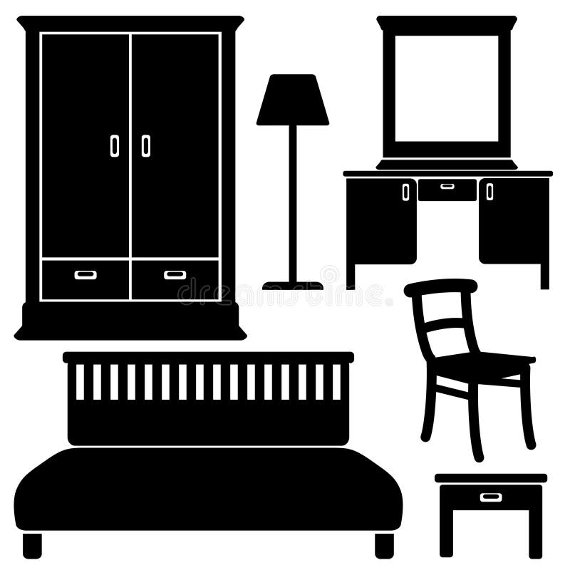 Black furniture icons, bedroom set, illustrations isolated on white background. Black furniture icons, bedroom set, illustrations isolated on white background