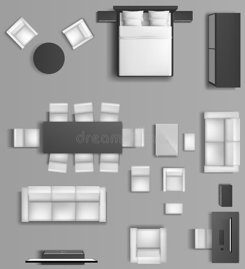 Home interior top view. Modern apartment accommodation of living room and bedroom with furniture. Sofa, tv, bed, armchairs, dining table monochrome visualization plan. Realistic 3d vector illustration. Home interior top view. Modern apartment accommodation of living room and bedroom with furniture. Sofa, tv, bed, armchairs, dining table monochrome visualization plan. Realistic 3d vector illustration