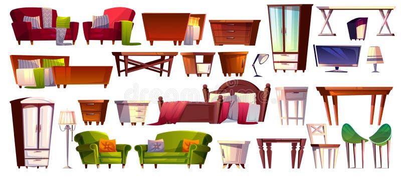 Home furniture of bedroom and living room interior set vector illustration. Isolated cartoon icons of modern and vintage retro bed, table or wardrobe cabinet drawer and armchair or sofa couch. Home furniture of bedroom and living room interior set vector illustration. Isolated cartoon icons of modern and vintage retro bed, table or wardrobe cabinet drawer and armchair or sofa couch