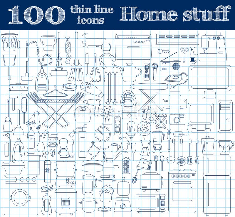 Home stuff icons. Set of 100 thin line objects in blue colors on notebook. Vector illustration. Home stuff icons. Set of 100 thin line objects in blue colors on notebook. Vector illustration.