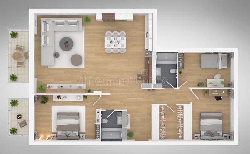 Home floor plan top view 3D illustration. Open concept living apartment layout. Home floor plan top view 3D illustration. Open concept living apartment layout
