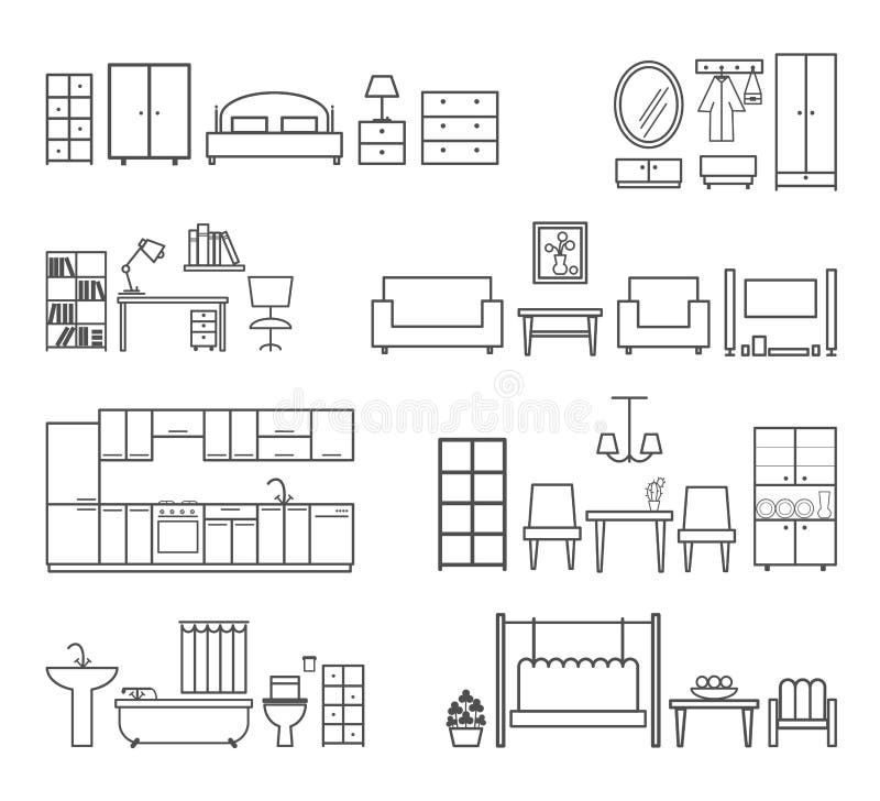 Home related icons. Furniture for different rooms. Bath and hall, bedroom and kitchen, vector illustration. Home related icons. Furniture for different rooms. Bath and hall, bedroom and kitchen, vector illustration