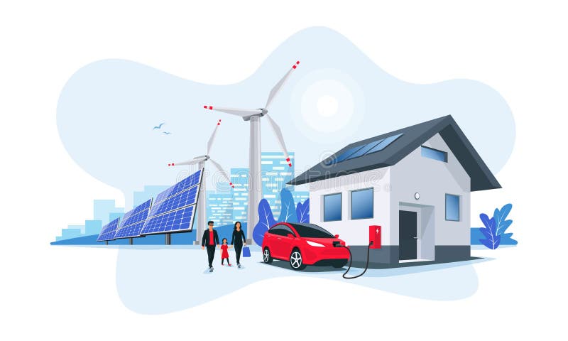 家用电车充电太阳能板、风电站和绿色城市天际线
