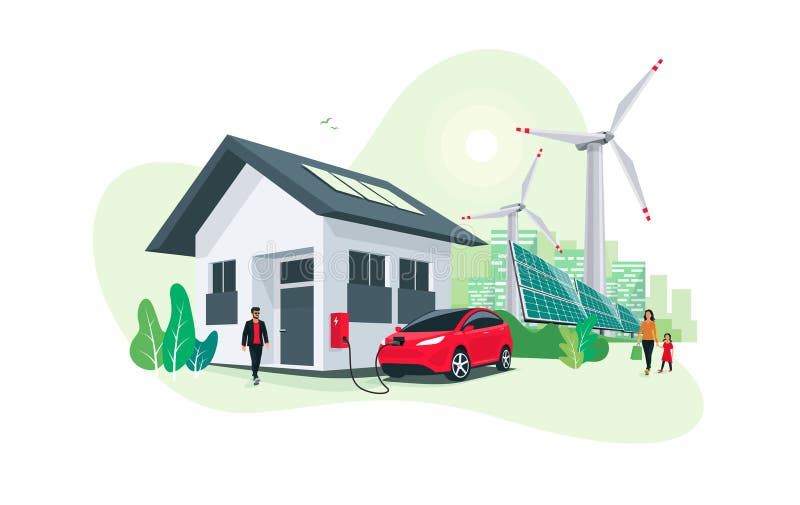 家用电车充电太阳能板、风电站和绿色城市天际线