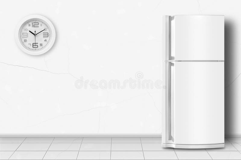 Major appliance - Clock and refrigerator in front on a white wall background. Major appliance - Clock and refrigerator in front on a white wall background