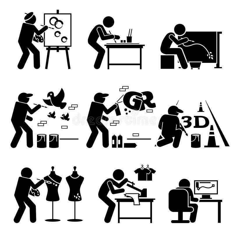 Vector set stick figure pictogram representing artist painting, drawing, and designing on easel, table, batik, wall, floor, shirt, and computer. Vector set stick figure pictogram representing artist painting, drawing, and designing on easel, table, batik, wall, floor, shirt, and computer.