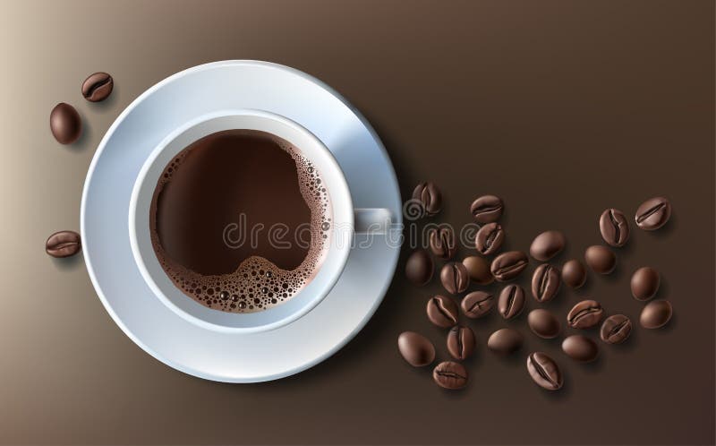 导航加奶咖啡杯子一个现实样式的例证有茶碟和咖啡豆的，顶视图，隔绝在褐色 皇族释放例证