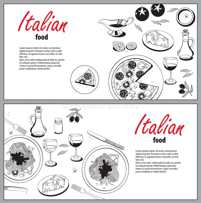 Vector cooking banner template with hand drawn objects on italian food theme: pizza, pasta, tomato, olive oil, olives, cheese, lemon, sauce. Ethnic cuisine concept. Italian cuisine hand drawn objects.Vector food illustration for kitchen and cafe. Vector cooking banner template with hand drawn objects on italian food theme: pizza, pasta, tomato, olive oil, olives, cheese, lemon, sauce. Ethnic cuisine concept. Italian cuisine hand drawn objects.Vector food illustration for kitchen and cafe