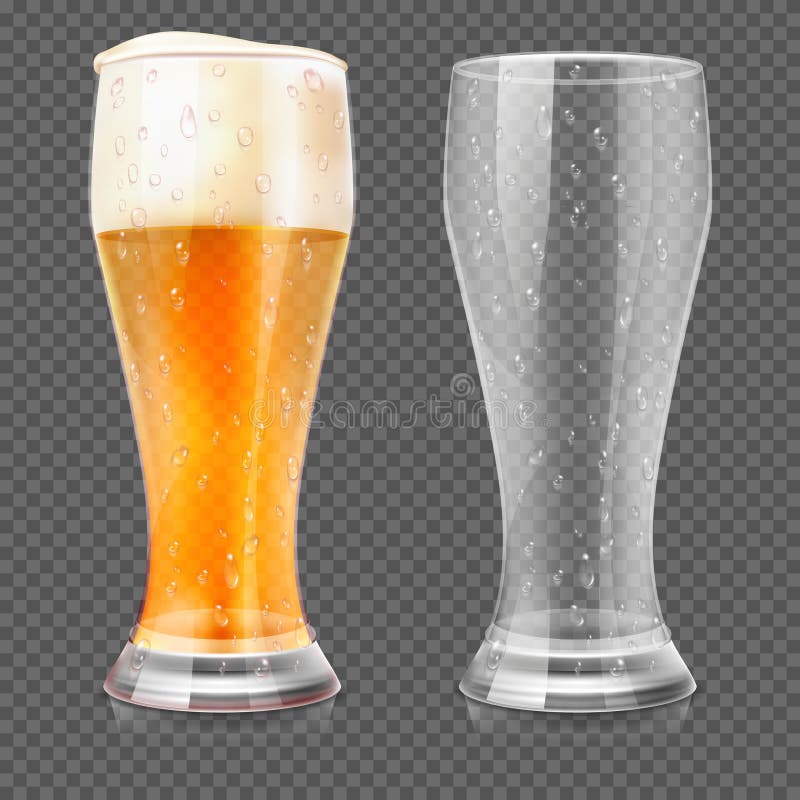 Realistic beer glasses, empty mug and full lager glass isolated on transparent checkered background. Alcohol beverage with white foam. Vector illustration. Realistic beer glasses, empty mug and full lager glass isolated on transparent checkered background. Alcohol beverage with white foam. Vector illustration