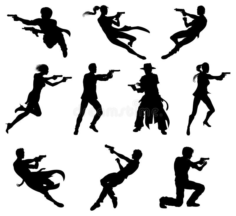 Silhouettes of movie action sequence shootout men and women in dynamic poses. Silhouettes of movie action sequence shootout men and women in dynamic poses