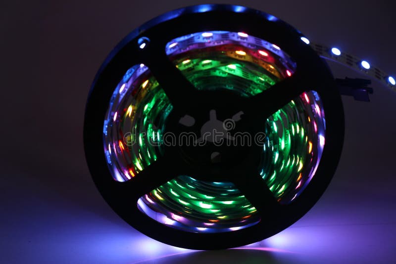 RGB LED lights strip arranged in a spool that can be used to decorate various parts of home like in kitchen, bathrooms and desk. RGB LED lights strip arranged in a spool that can be used to decorate various parts of home like in kitchen, bathrooms and desk