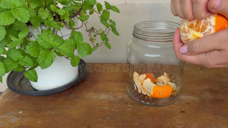 将橙皮放入玻璃罐中，用于制作家庭用自制有机洗涤剂.