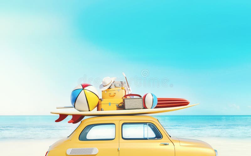 小减速火箭的汽车用在屋顶的行李、行李和海滩设备，充分地被包装，在暑假准备