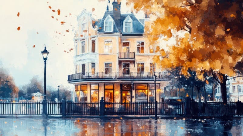 小城的舒适秋夜与塞皮亚通油画美 皇族释放例证