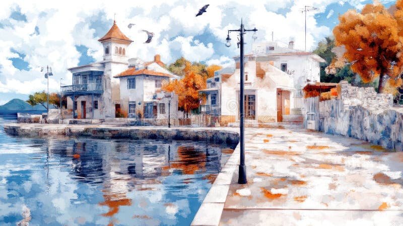 小城魅力 : 细节丰富的加勒比海丙烯酸画与海鞘油的审美 库存图片