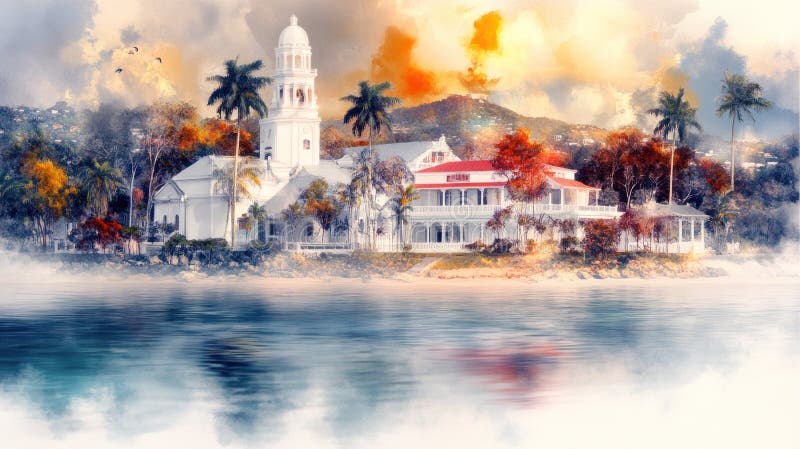 小城魅力 : 细节丰富的加勒比海丙烯酸画与海鞘油的审美 库存照片