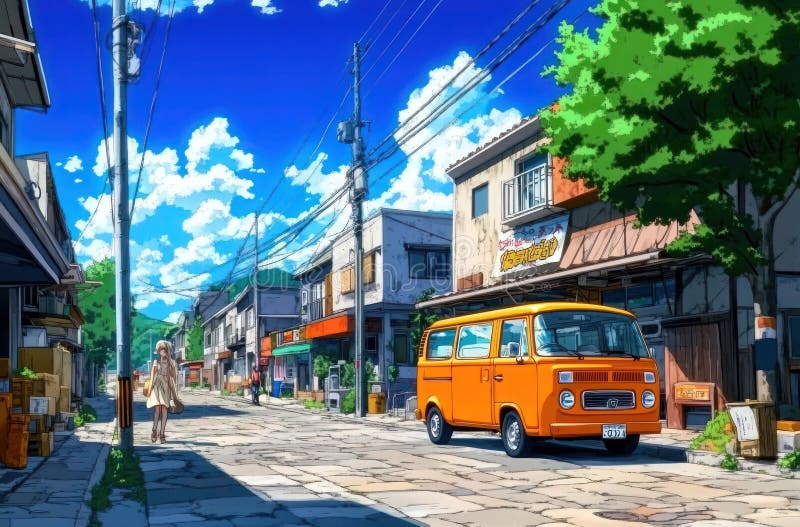 小城魅力 : 老建筑橙色厢式动画人走蓝天高分辨率高细节风 库存图片