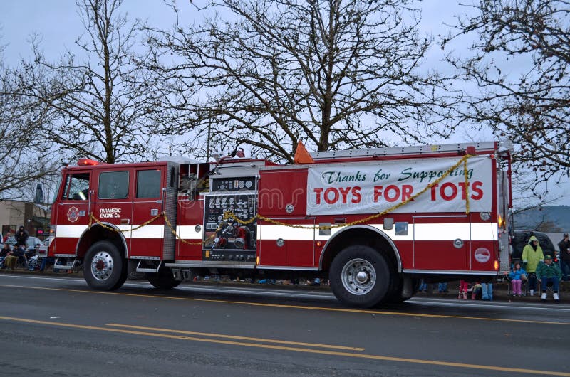 Toy for Tots Fire Truck in the Christmas parade. Toy for Tots Fire Truck in the Christmas parade