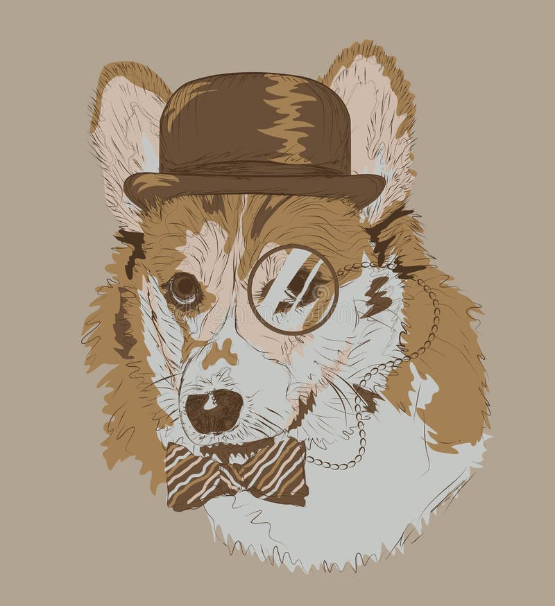 小狗葡萄酒图画与帽子单片眼镜和bowtie的