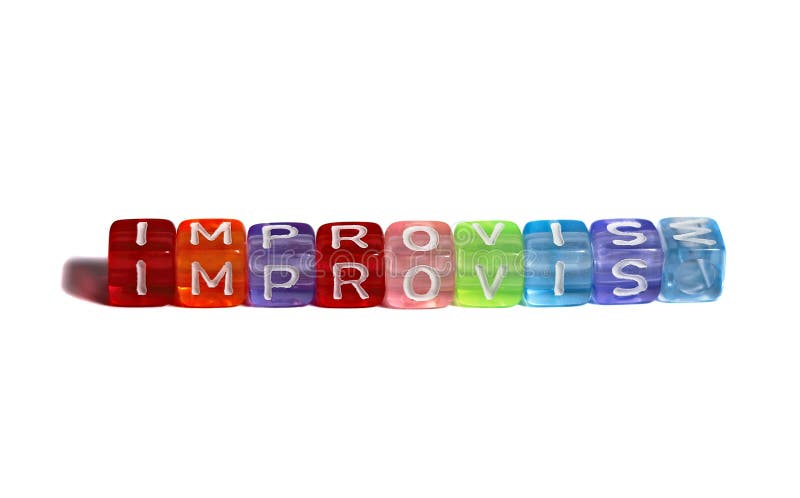 Colourful plastic beads spelling out the word `improvise`, isolated on white, but with the letter `E` replaced by the letter `M` turned on its side. Colourful plastic beads spelling out the word `improvise`, isolated on white, but with the letter `E` replaced by the letter `M` turned on its side