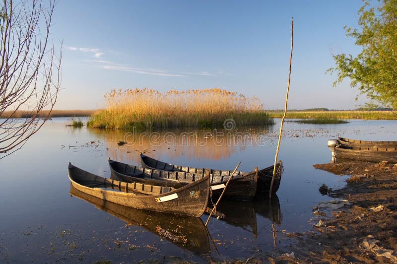 Old boats at Danube delta on sunset. Old boats at Danube delta on sunset